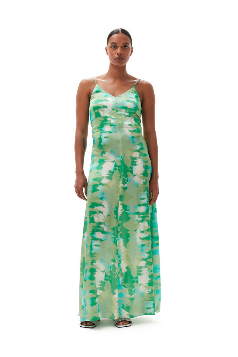 Ganni Stretch Satin Maxi Slip Dress In Green
