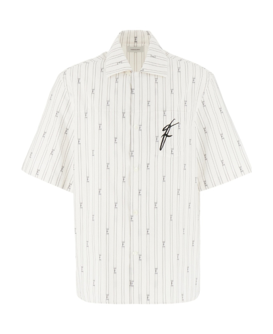 Ferragamo Logo-print Short-sleeve Cotton Blend Shirt In White