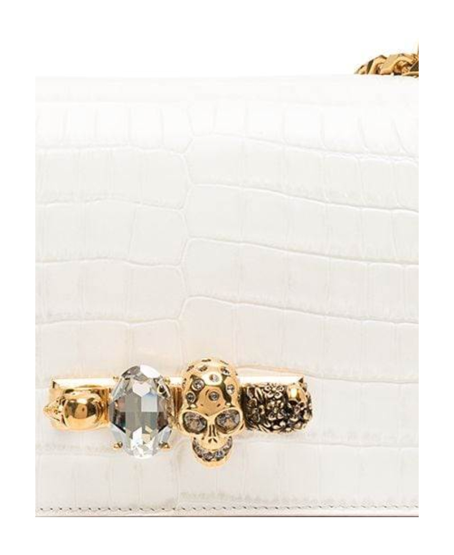 Alexander Mcqueen Mini Jeweled Croc Embossed Leather Satchel In White
