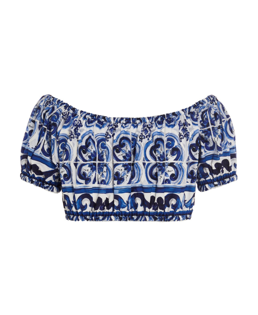 Dolce & Gabbana Majolica-print Cropped Blouse In Blue