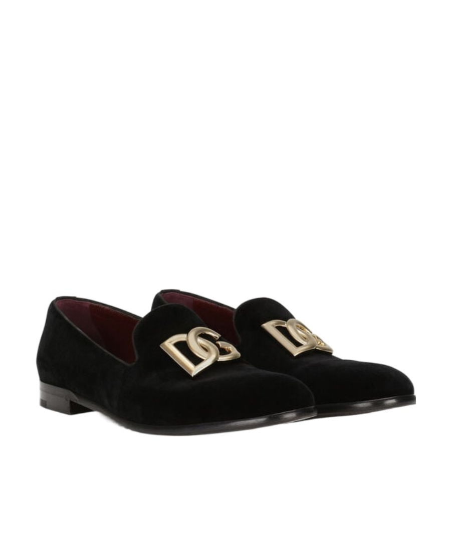 Dolce & Gabbana Black Velvet Cotton Logo Loafers Dress Shoes In Black