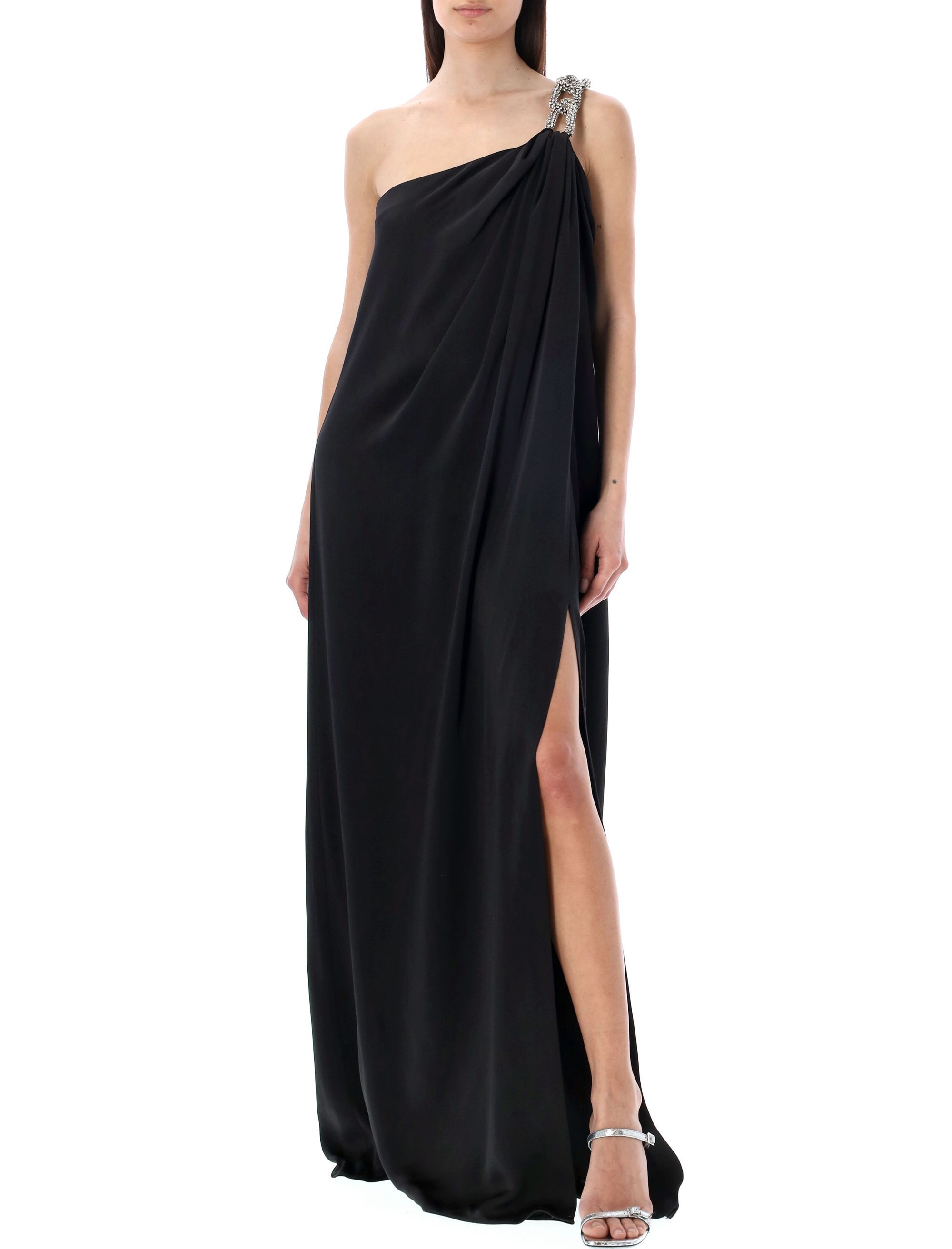 Stella Mccartney Falabella One-shoulder Crystal-embellished Satin Gown In Black