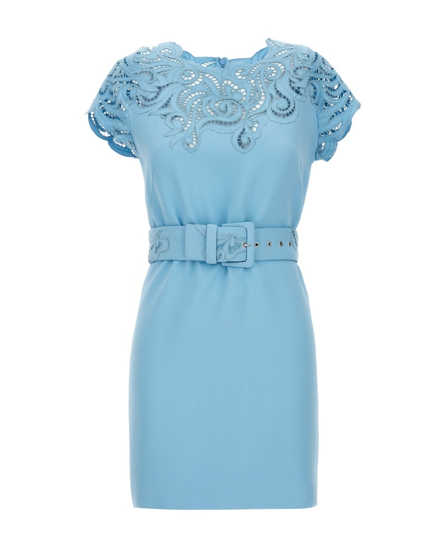Ermanno Scervino Lace Dress With Belted Waist And Cap Sleeves In Blue