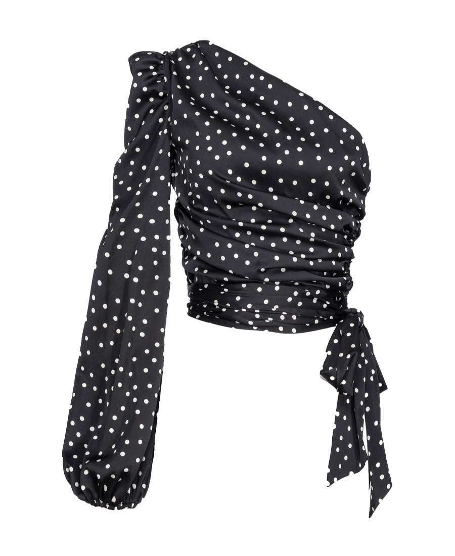 Pinko Thira One-shoulder Polka Dot Satin Blouse In Black