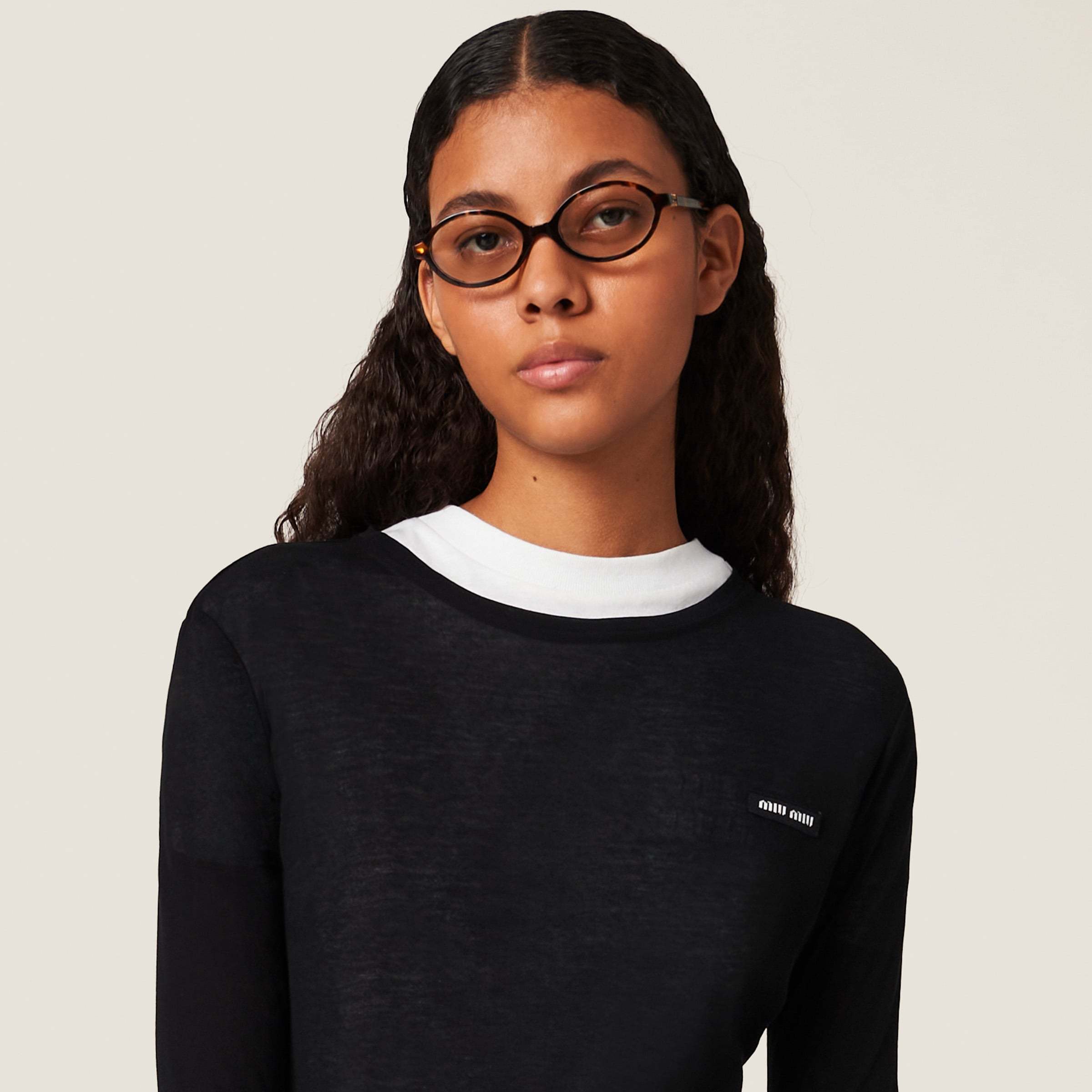 Miu Miu Long Sleeve Jersey Mini Dress In Black