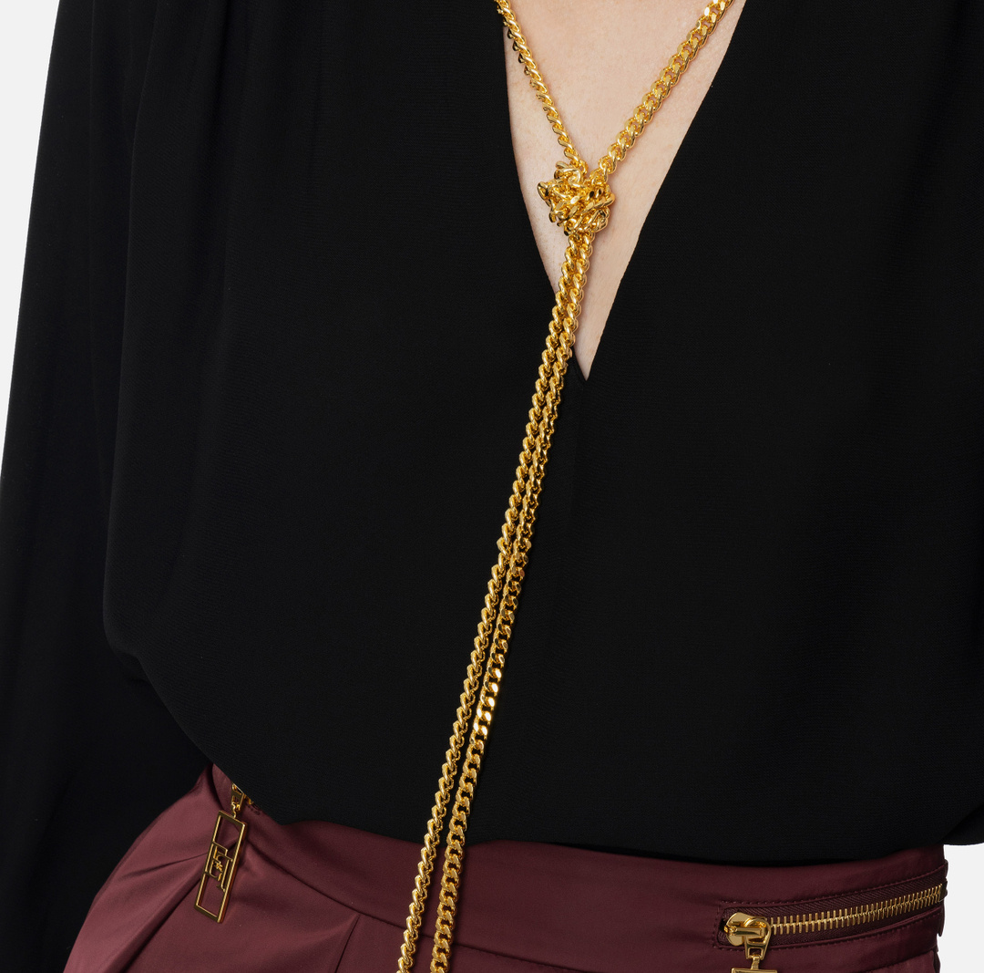 Elisabetta Franchi Sheer Fabric Collared Neck Gold Chain Long Sleeves In Black