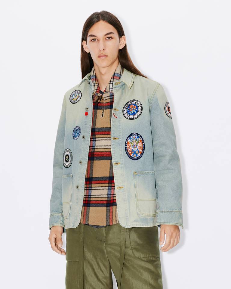 Kenzo Patch Detail Denim Blazer With Front Pockets In Medium Stone Blue Denim