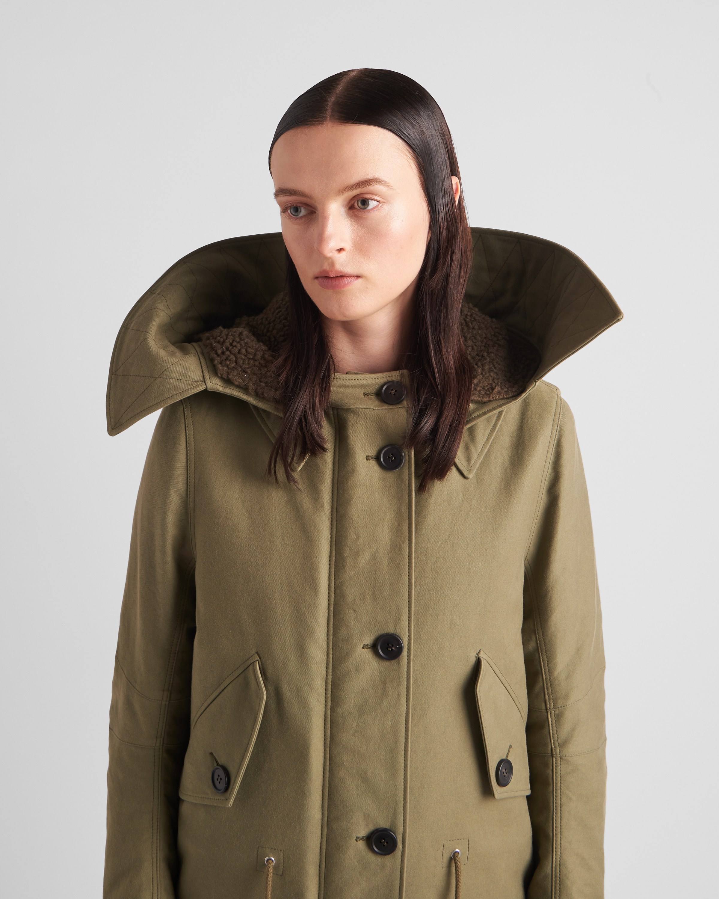 Prada Army Green Satin Cotton Parka Coat In Green