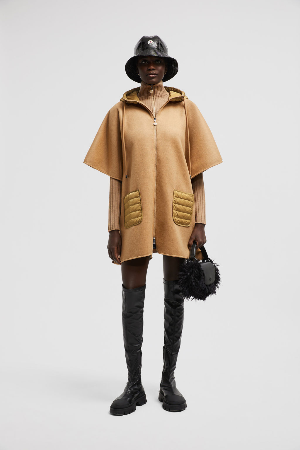 Moncler Hooded Down Cape In Brown