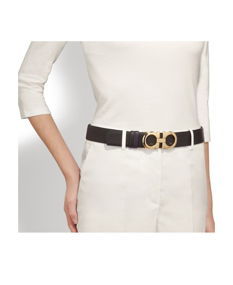 Shop Ferragamo Double-sided Adjustable Gancini Double-buckle Belt In Black