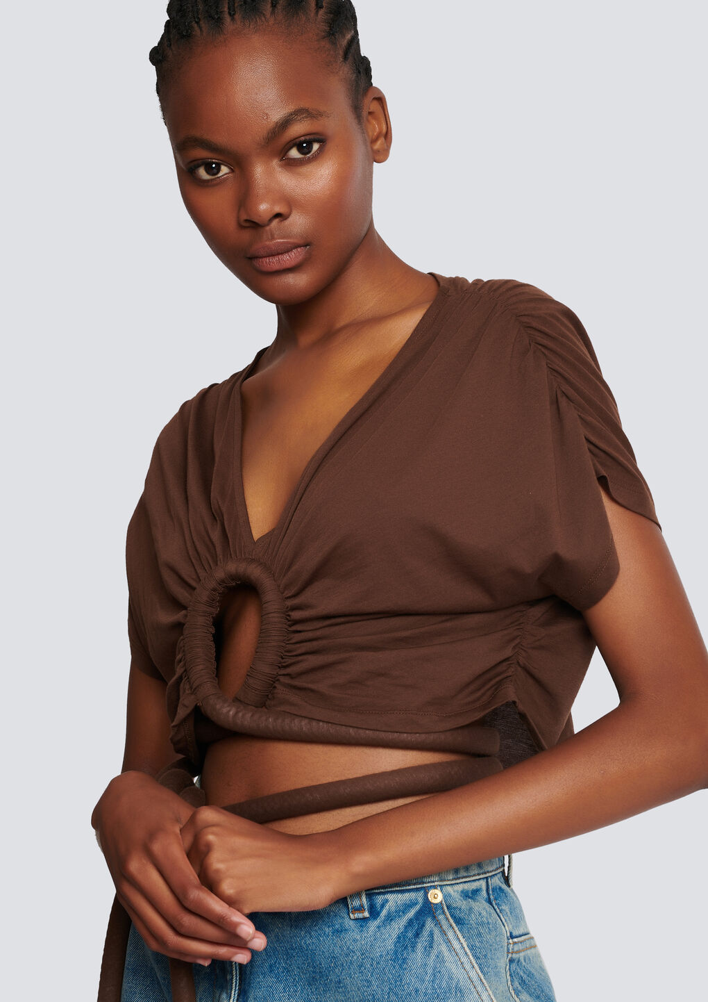 Shop Balmain Draped Jersey Crop Top In Brown