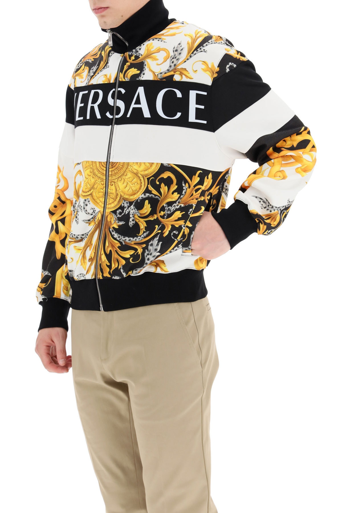 Versace Mixed Print Zip Sweatshirt In Black