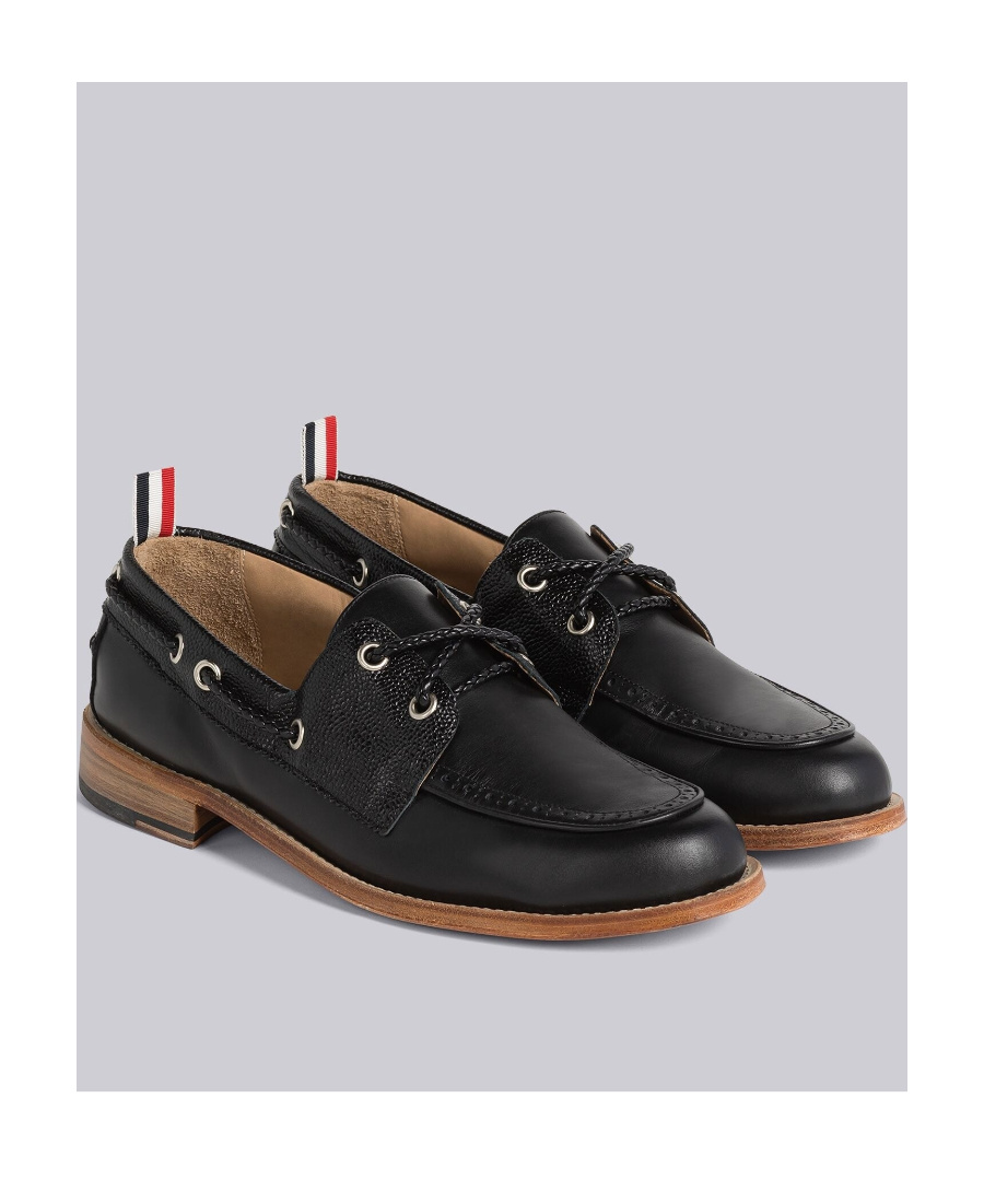 Thom Browne Polished Black Leather Loafers With Moc Toe Design And Lace Detail In Black