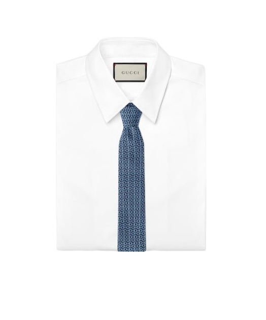 Gucci Horse Neck Button Silk Jacquard Tie In Blue