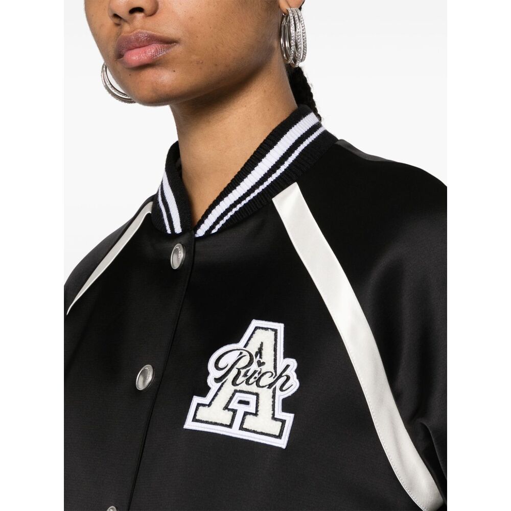 Alessandra Rich Satin Bomber Jacket With Logo Patch In Black