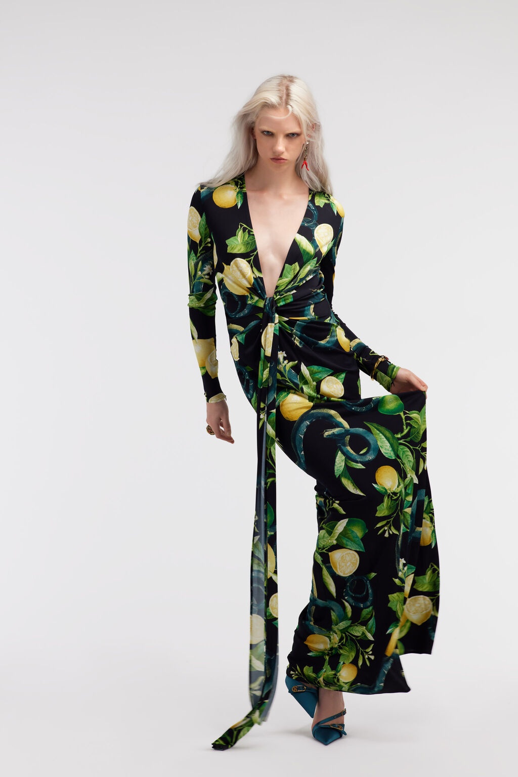 ROBERTO CAVALLI LEMON-PRINT JERSEY MAXI DRESS