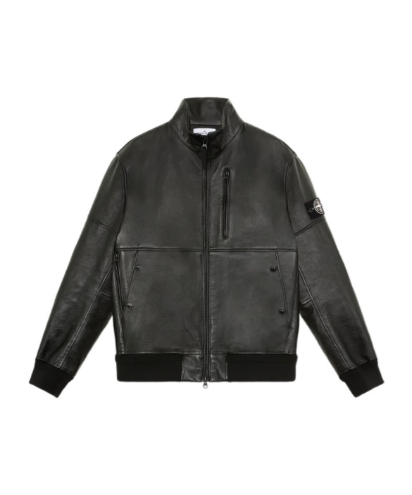 Stone Island Long-sleeved Leather Jacket In Black