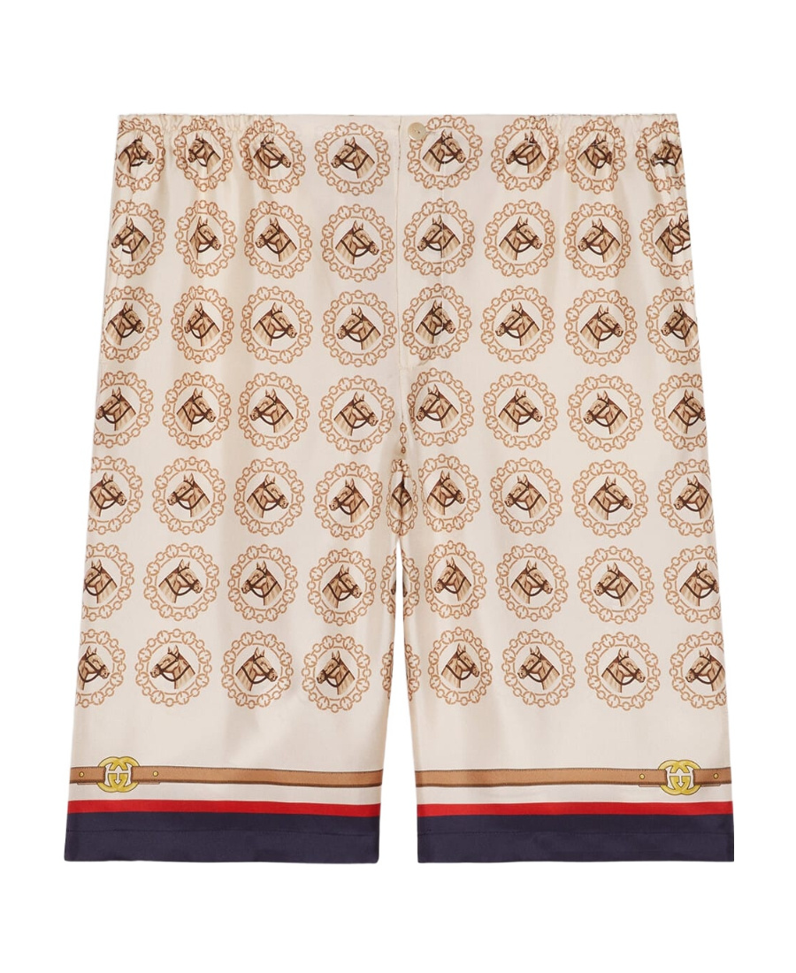 Gucci Equestrian Print Silk Twill Shorts In Nude
