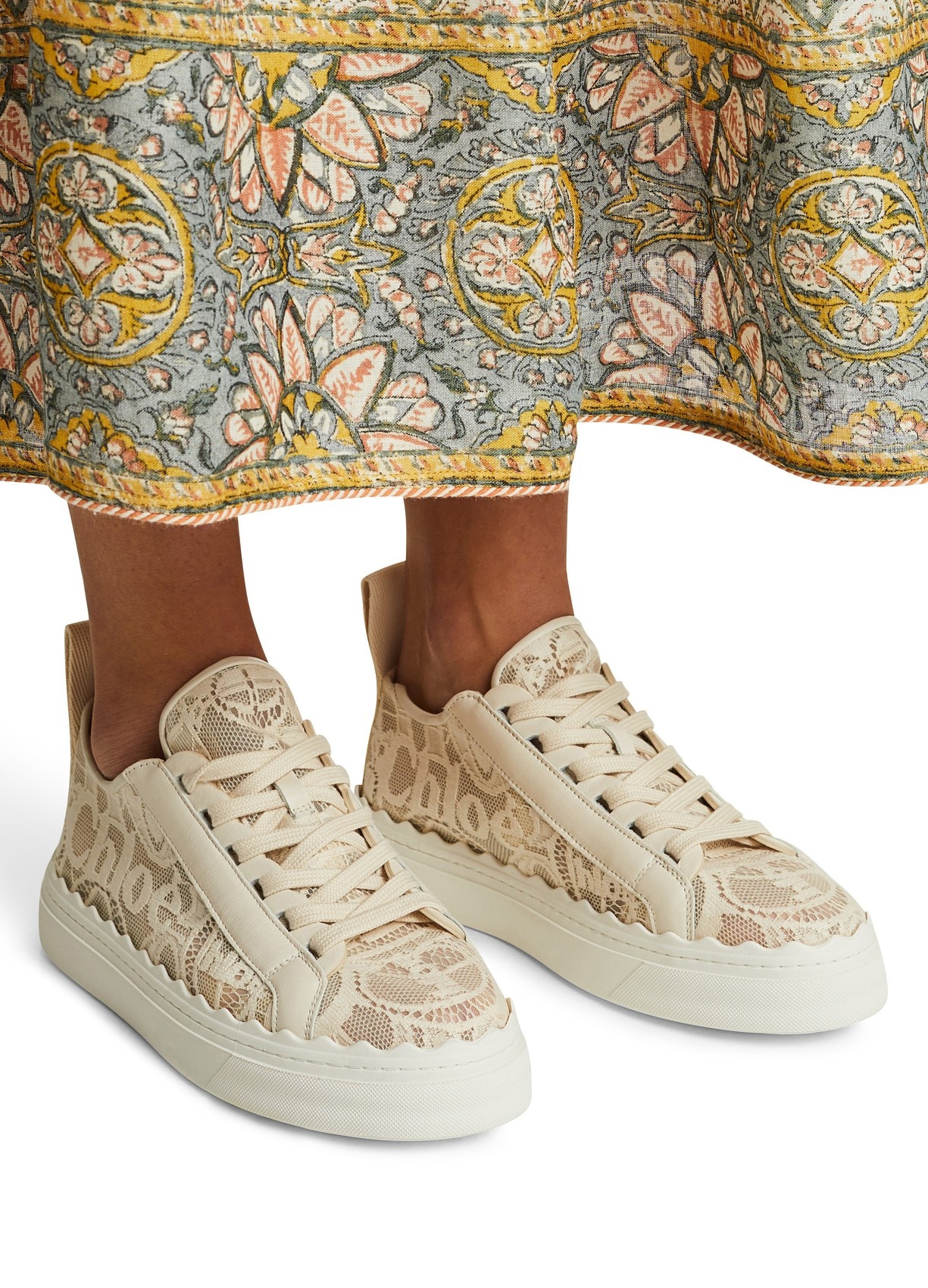 Chloé Lauren Scalloped Leather-trimmed Lace High-top Sneakers In Nude