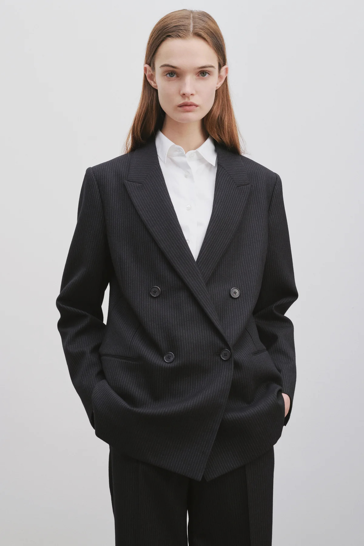 The Row Pinstripe-pattern Double-breasted Blazer In Black