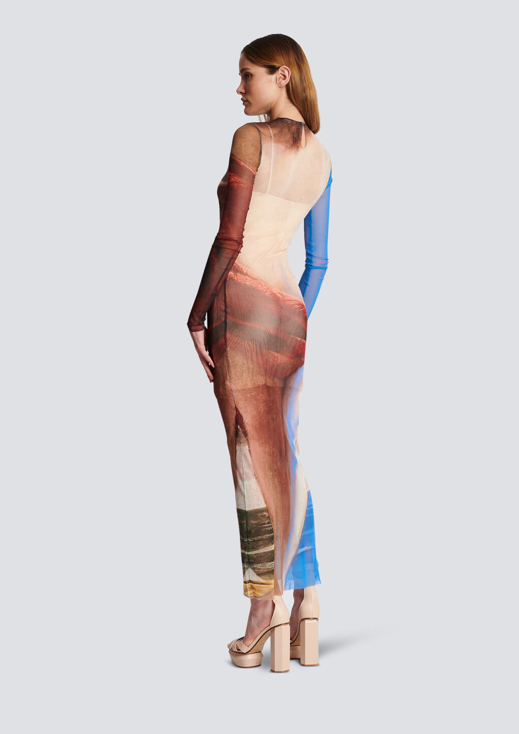 Balmain Trompe-l'oeil Printed Tulle Maxi Dress In Multicolor
