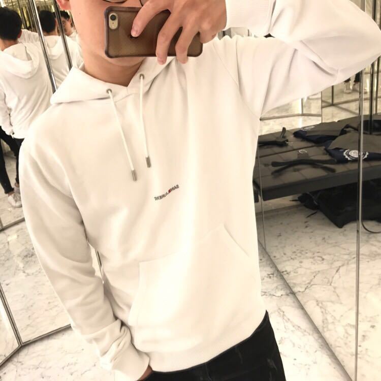 Saint Laurent Signature Logo Cropped Hooded Sweatshirt In White