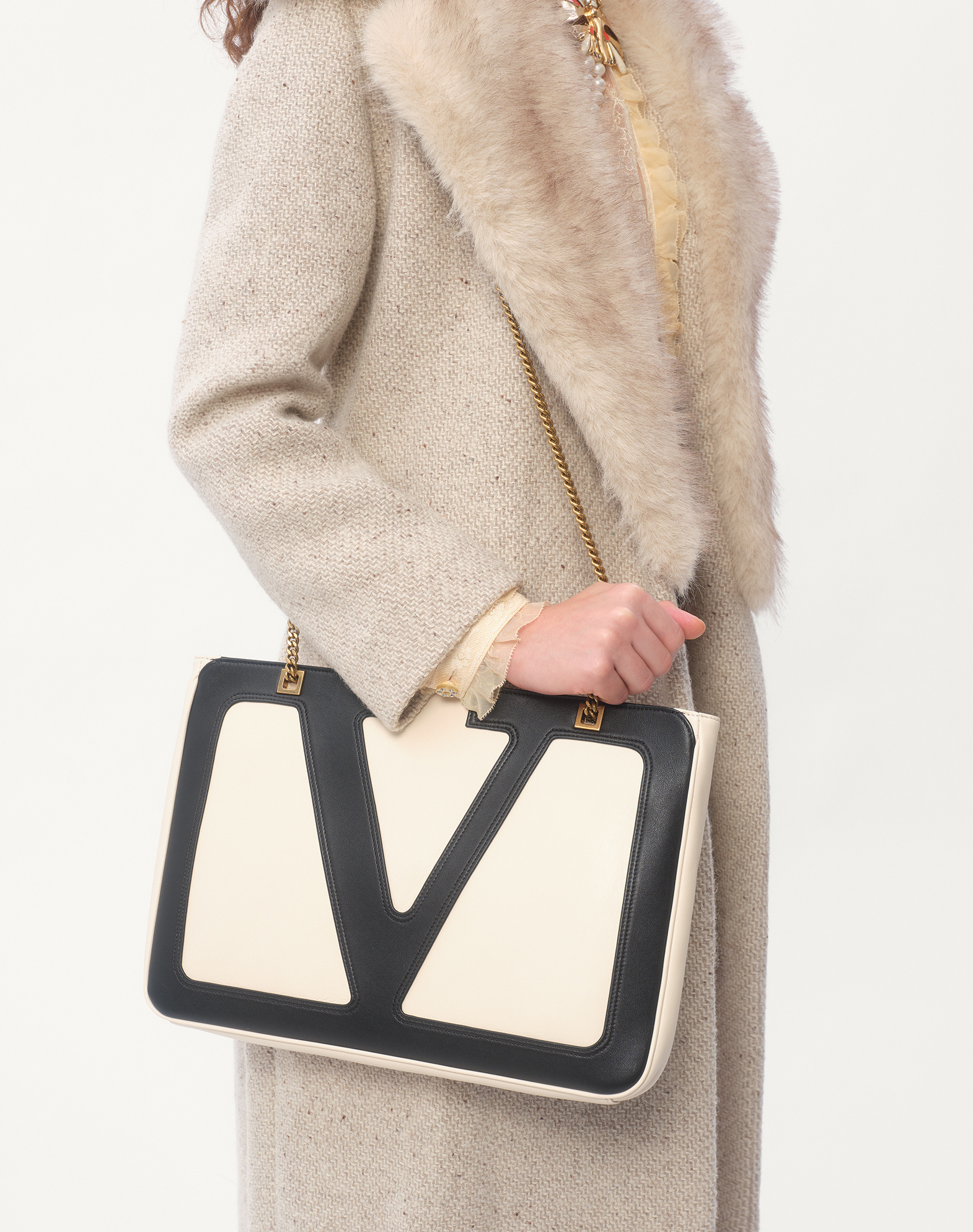 Valentino Belted Faux Fur Collar Wool Coat In Nude