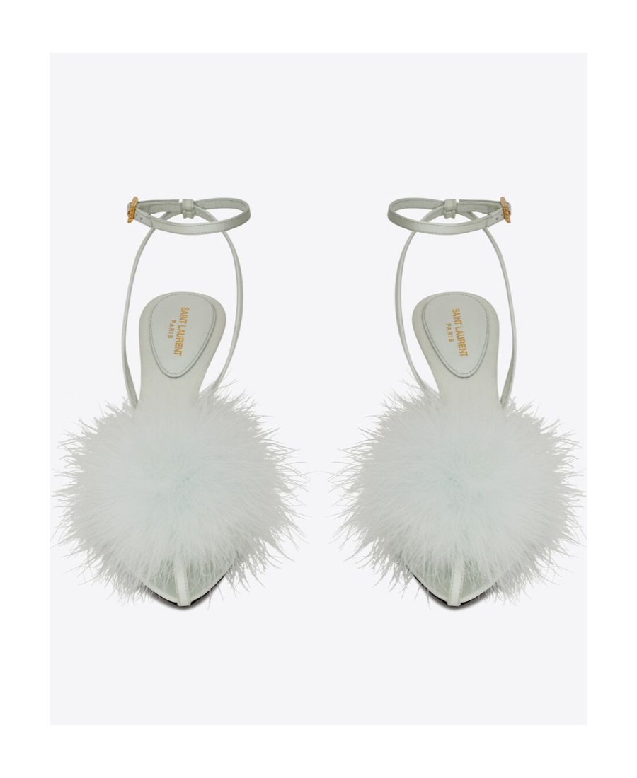 SAINT LAURENT MAE MULES IN CREPE SATIN WITH FEATHERS