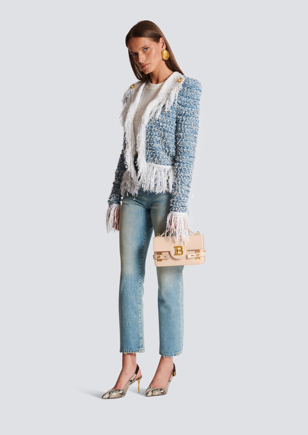 Shop Balmain Fringed Denim Tweed Jacket In Blue