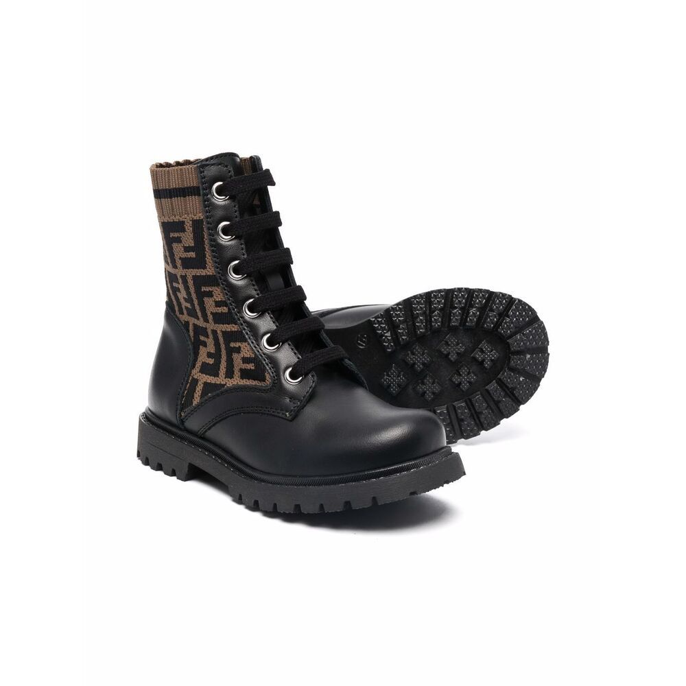 Fendi Teen Ff Motif Lace-up Boots In Black