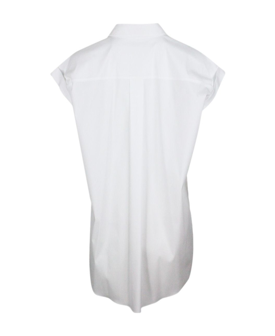 Brunello Cucinelli Sleeveless Shirt In Stretch Cotton With Front Pockets Embellished With Shiny Jewels In White