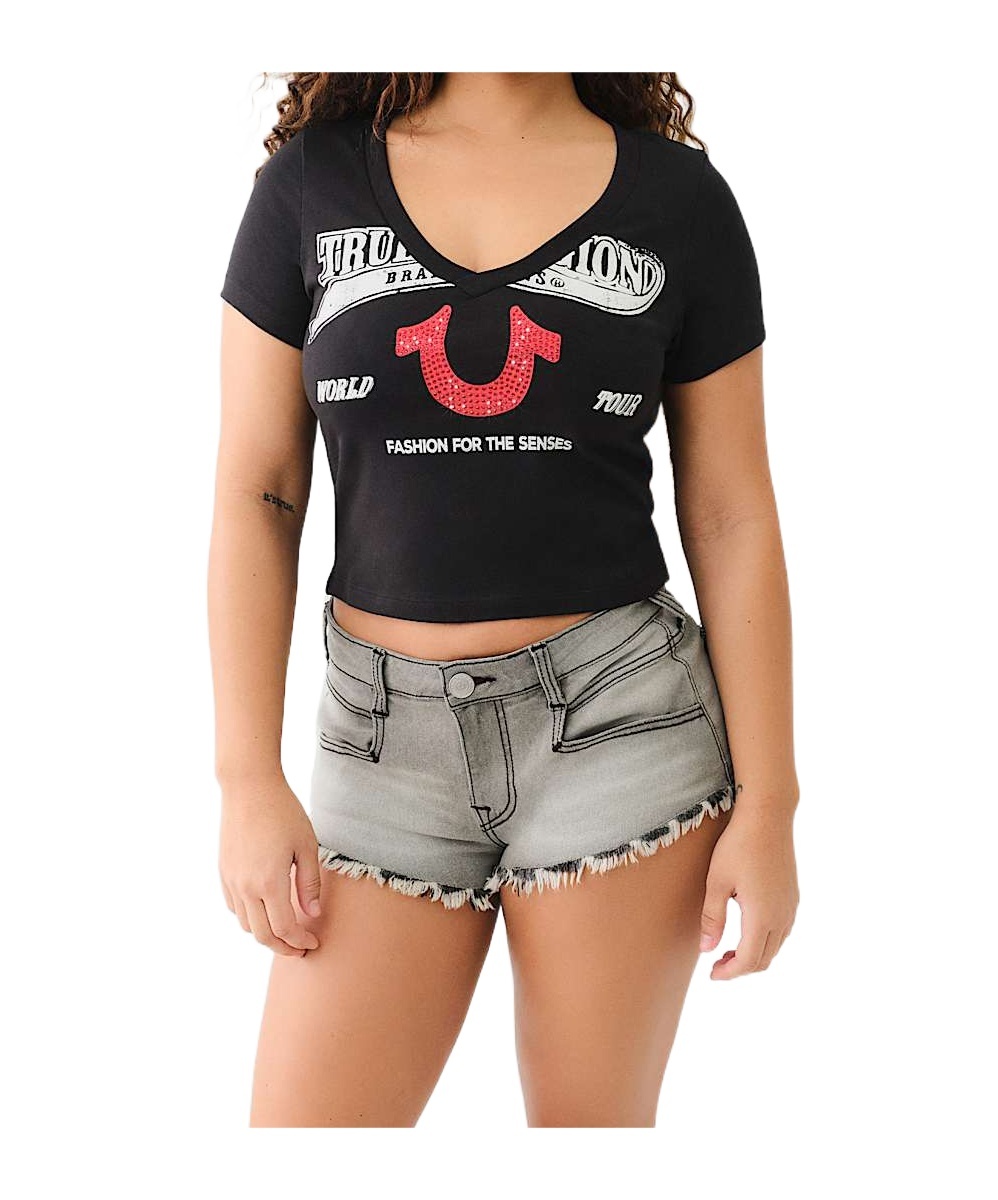TRUE RELIGION CRYSTAL HORSESHOE V NECK BABY TEE