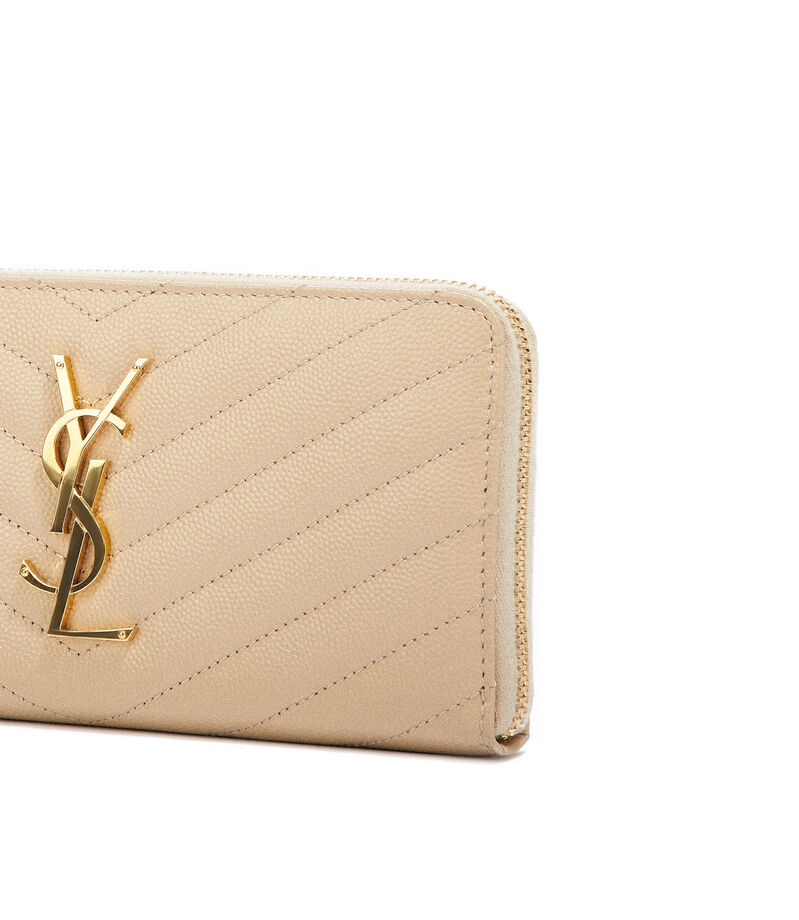 Saint Laurent Monogram Zip Around Wallet In Grain De Poudre Embossed Leather In Nude