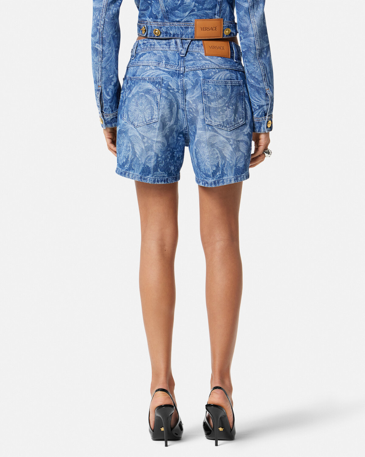 Versace Printed Denim Shorts In Blue