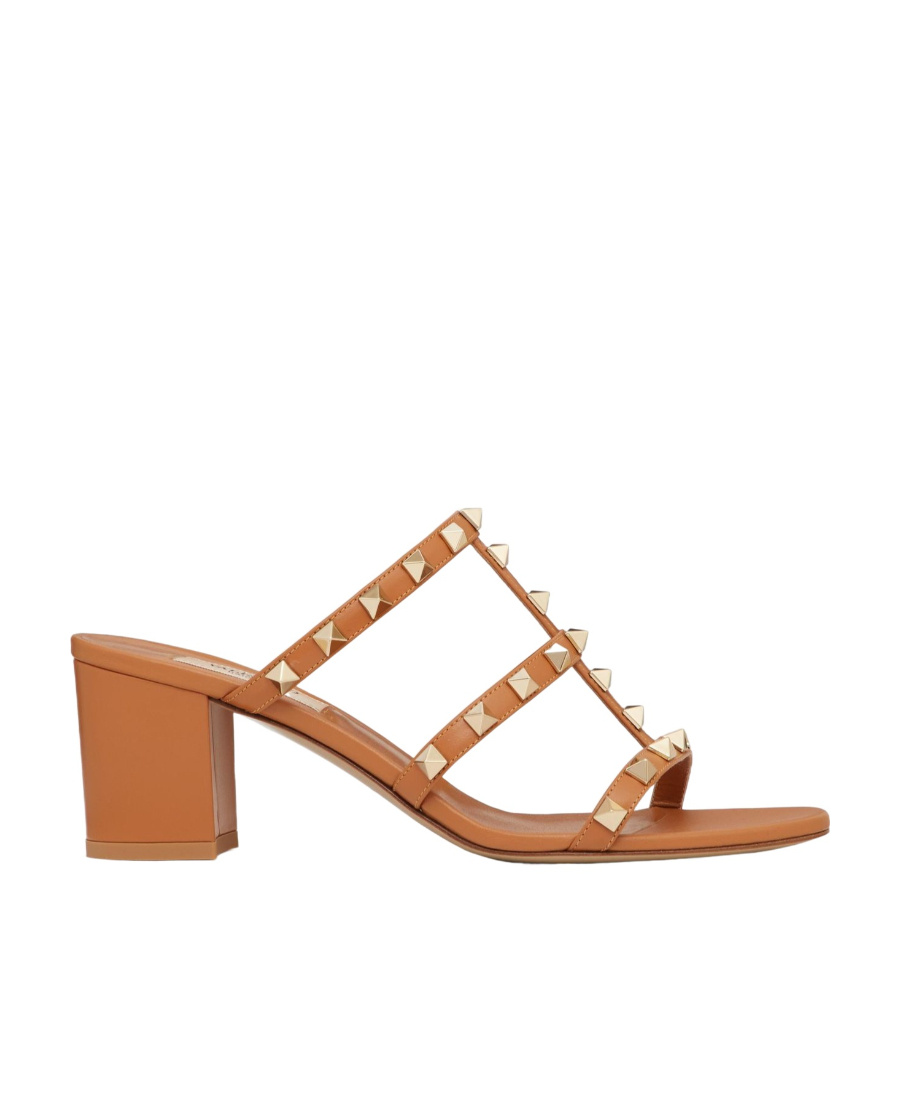 Valentino Rockstud Slide Sandal In Calfskin With Cabochon Stones 60mm In Brown
