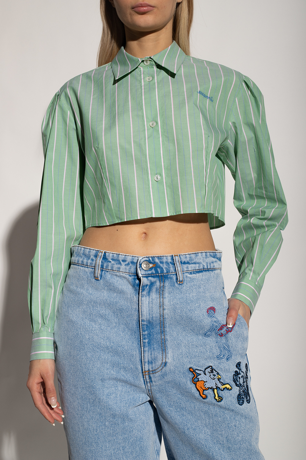 Marni Stripe-pattern Cropped Shirt In Green