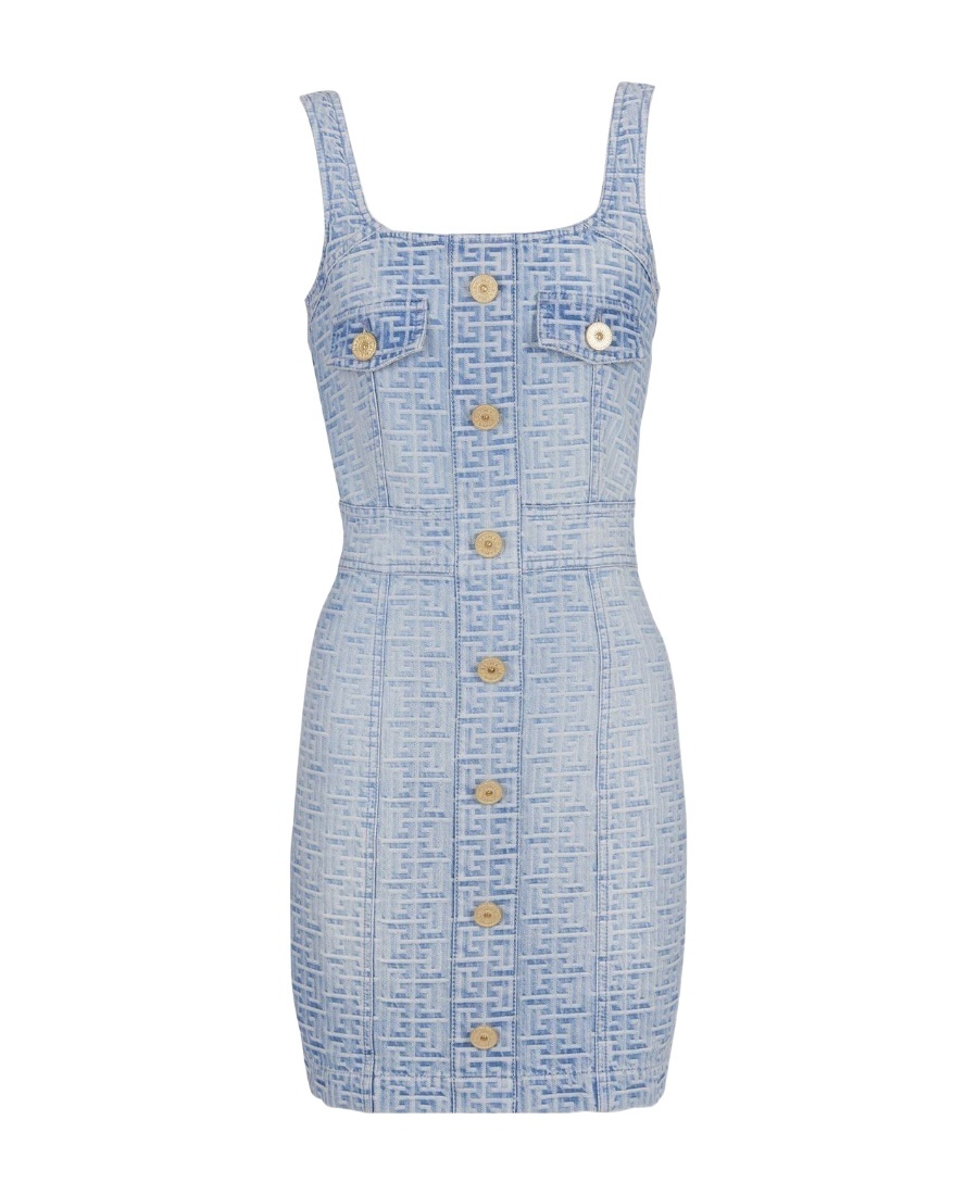 Shop Balmain Monogrammed Short Denim Dress In Gray