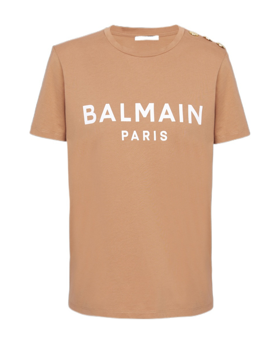 Shop Balmain Buttoned Printed Logo T-shirt In Nude