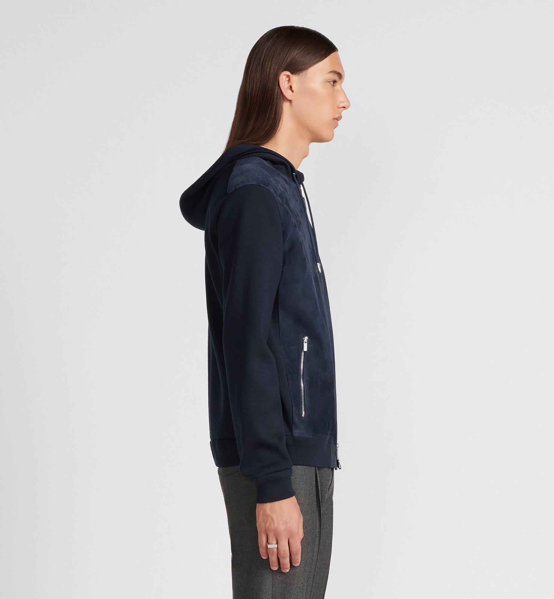 Dior Icons Zipper Hooded Wool Sweater In Blue