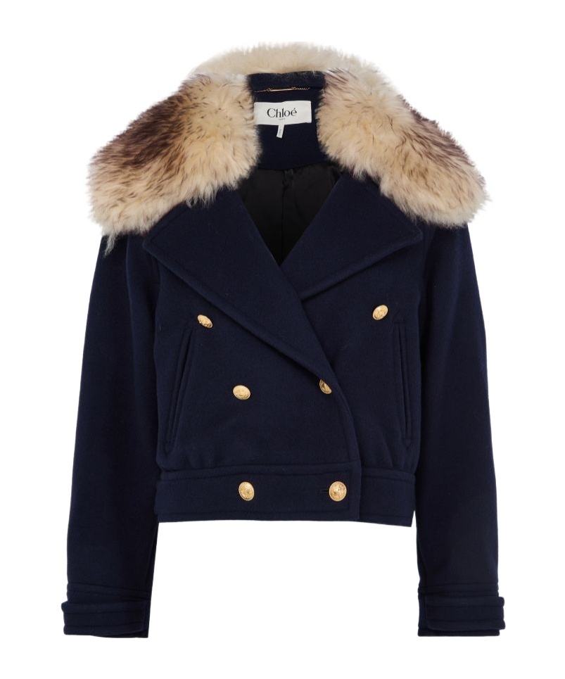 Chloé Double-breasted Fur Collar Gold Buttons Jacket In Blue