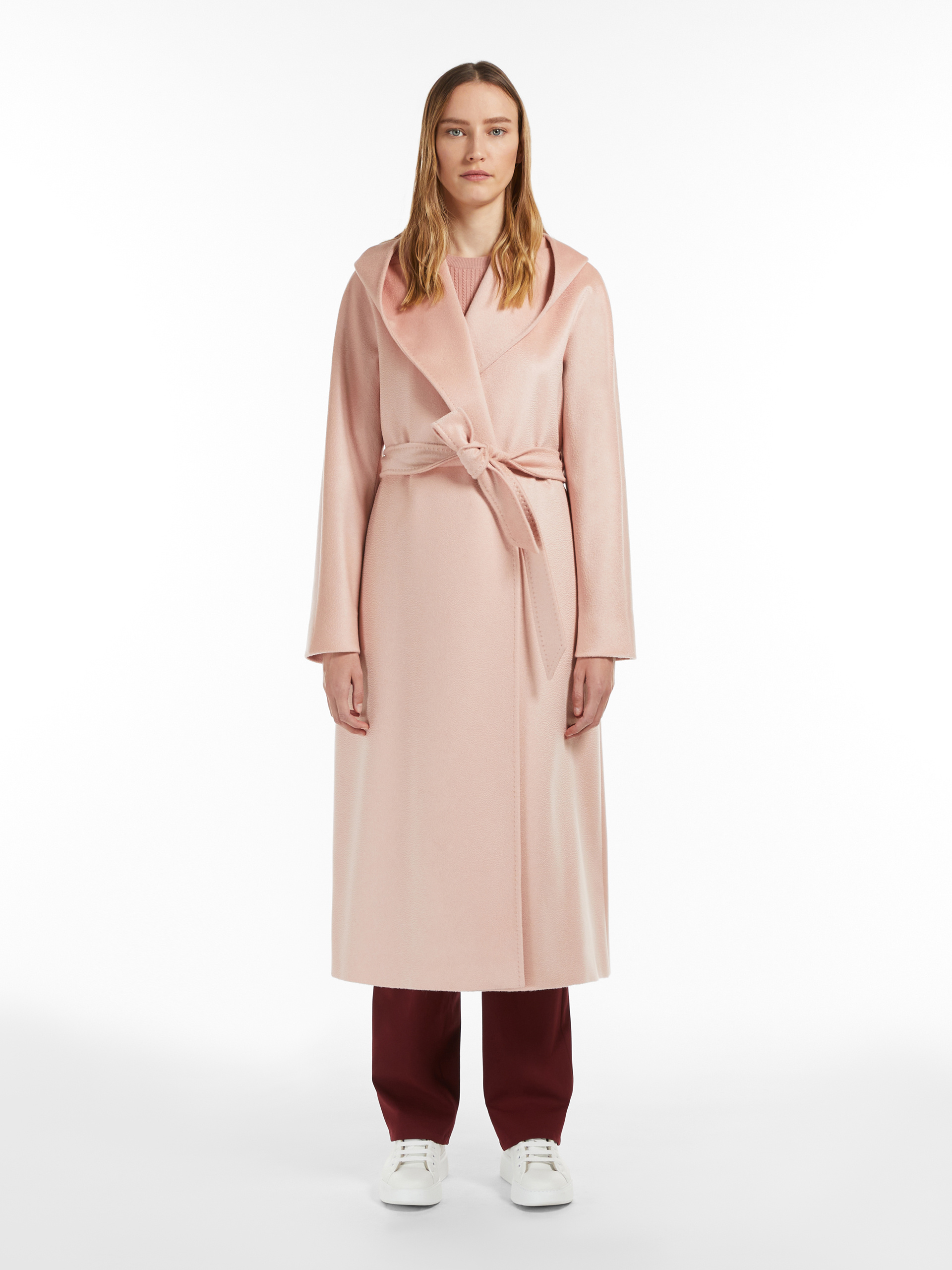 Max Mara Belted Hooded Cashmere Coat In Pink