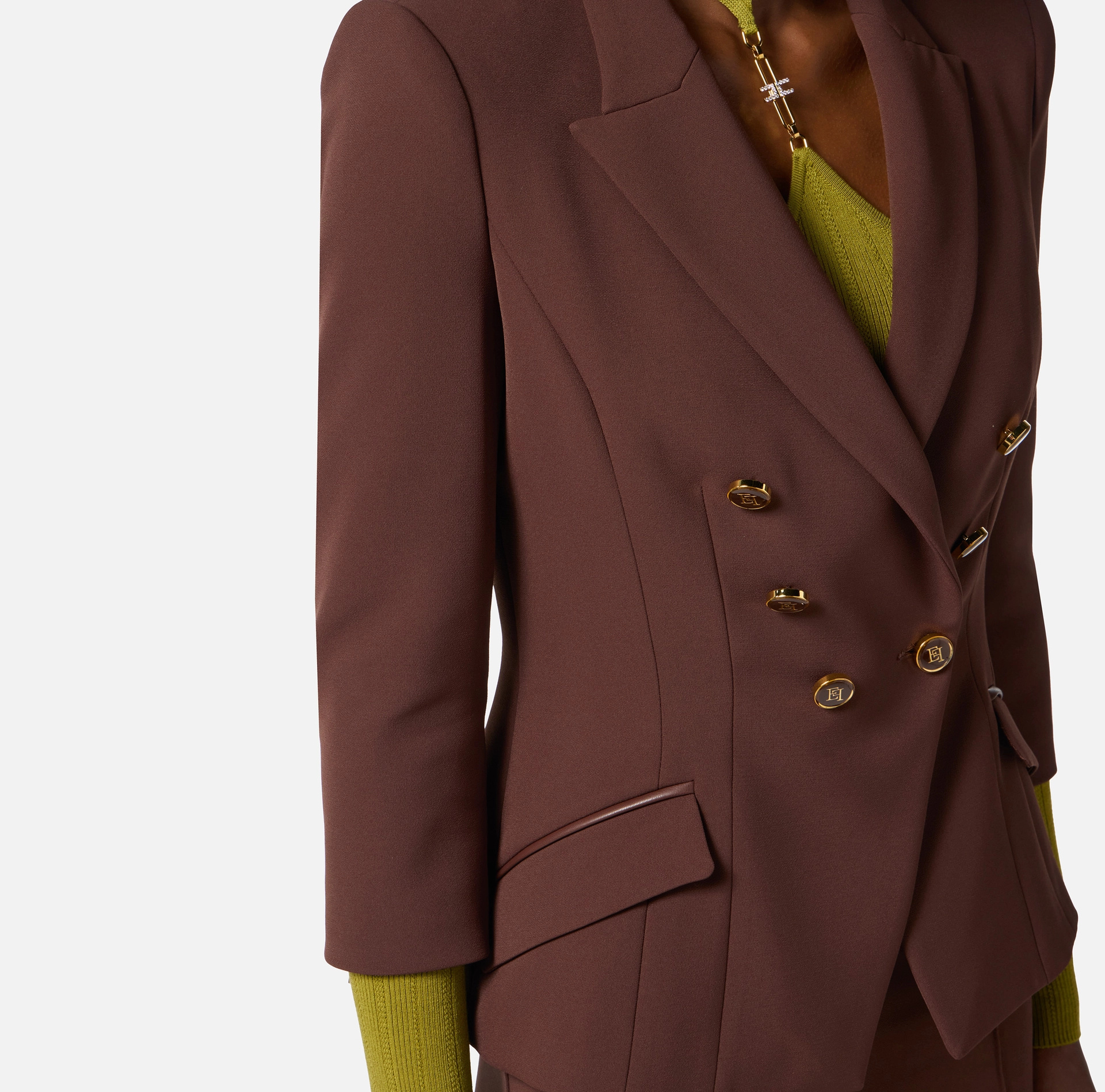 Elisabetta Franchi Structured Double-breasted Jacket Gold Buttons In Brown