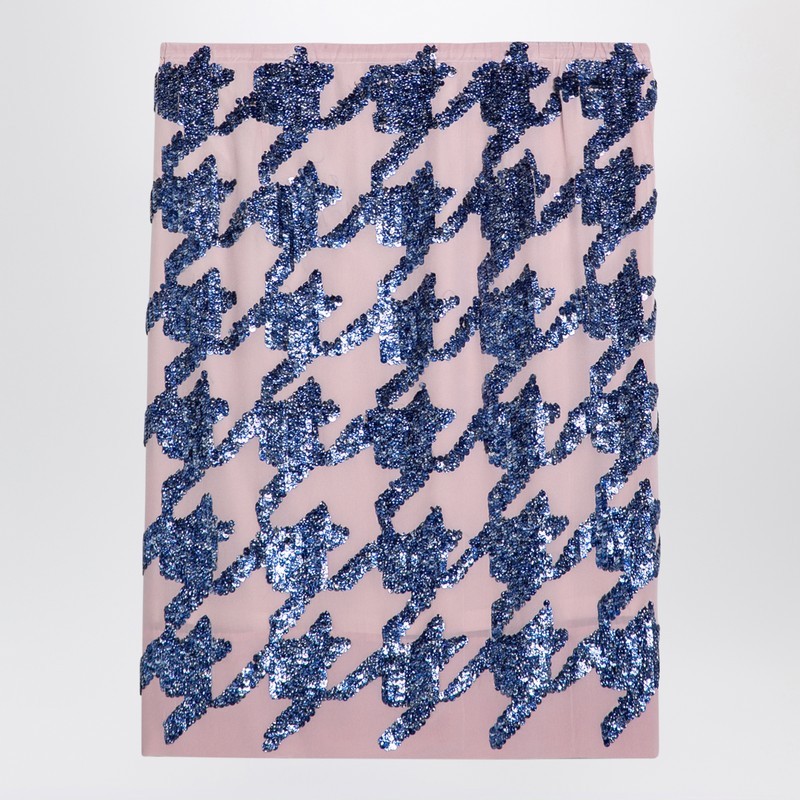 Dries Van Noten Sequin Silk Skirt Houndstooth Pattern In Blue