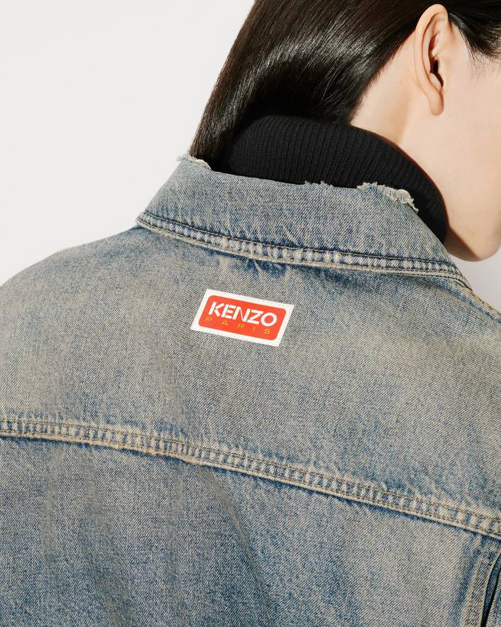 Kenzo Denim Ripped Jacket With Peter Pan Collar In Blue