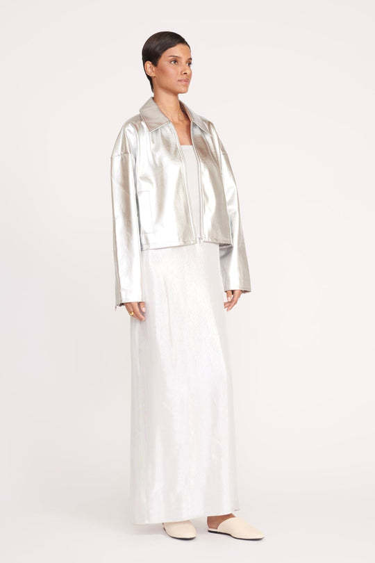 Staud Lennox Metallic Zip Jacket In White