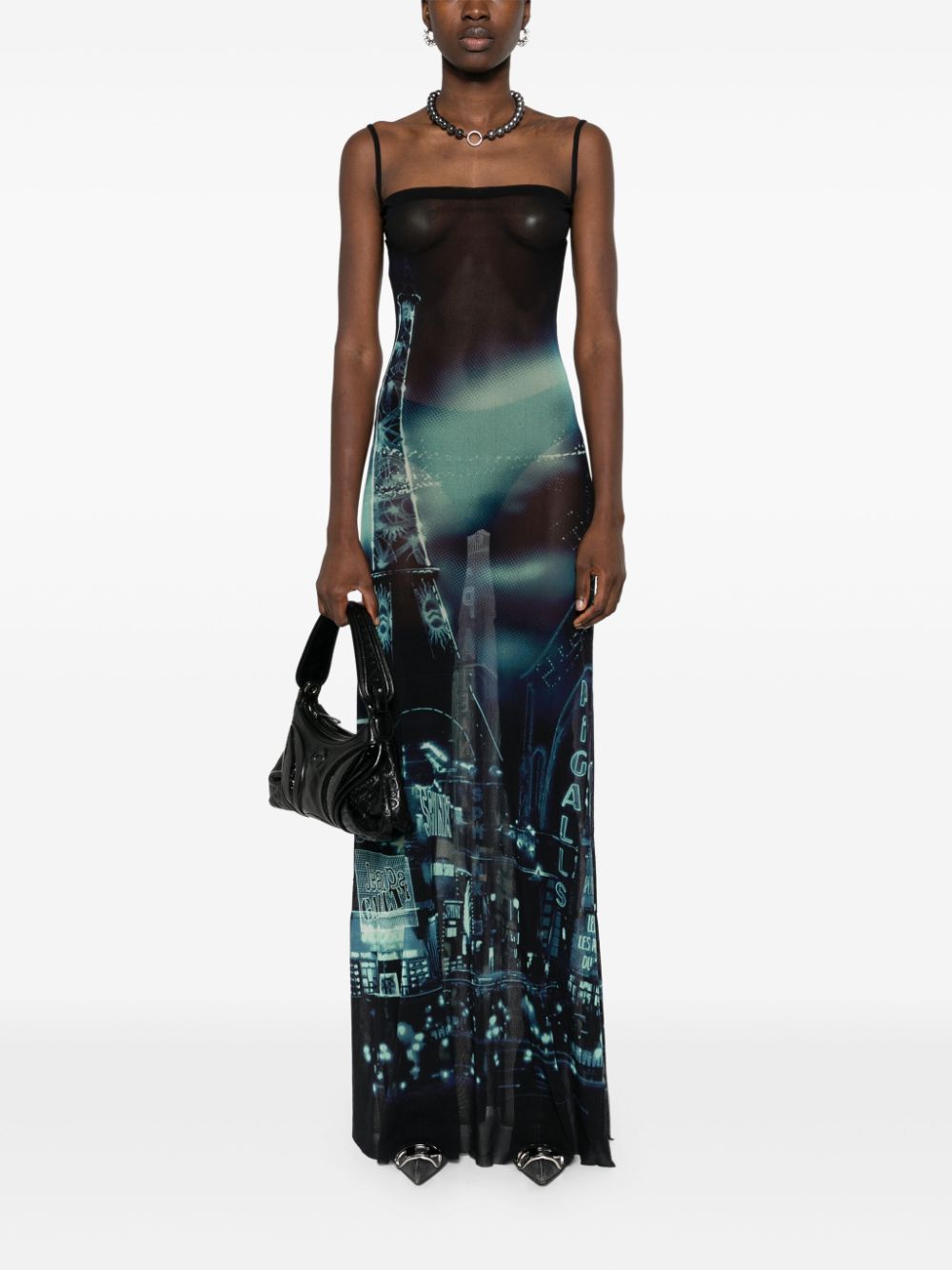 Jean Paul Gaultier Printed Tulle Maxi Dress In Black