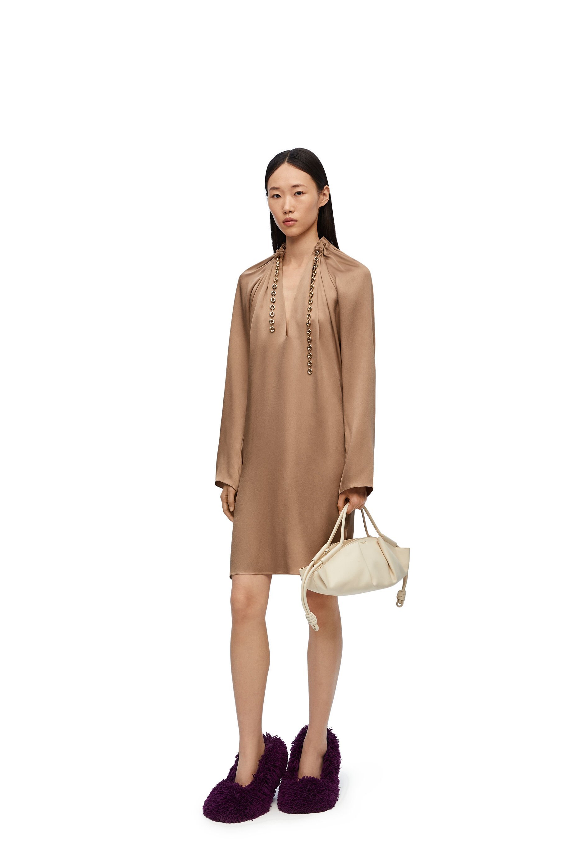 Loewe Chain-detail Silk Mini Dress In Brown