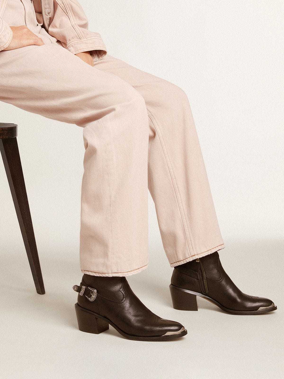 Golden Goose Patty Leather Buckle Western Ankle Boots In Black