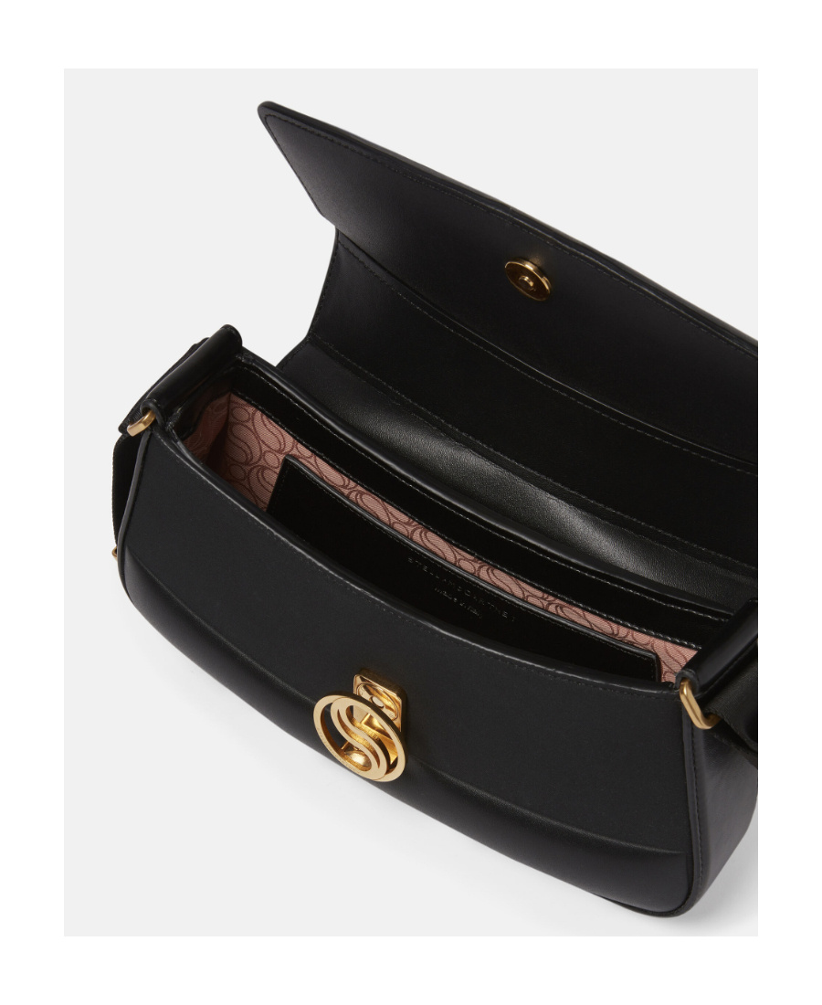 Stella Mccartney S-wave Logo Plaque Foldover Shoulder Bag In Black