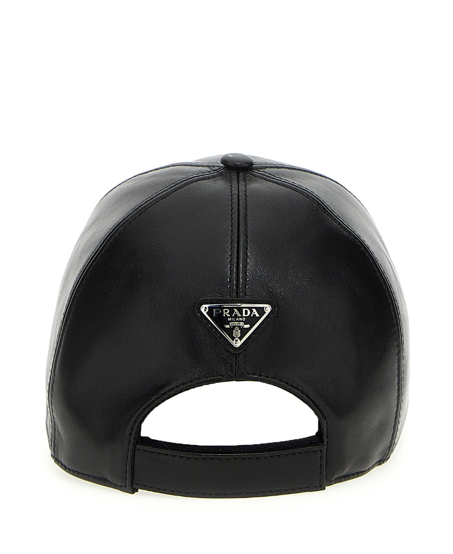 Prada Enamel-logo Leather Baseball Cap In Black